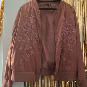 Embroidered mauve satin bomber jacket from Torrid